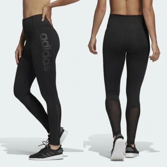 Adidas Womens Design 2 Move High Rise Logo Tights Size XS Black Leggings Mesh - Picture 1 of 13